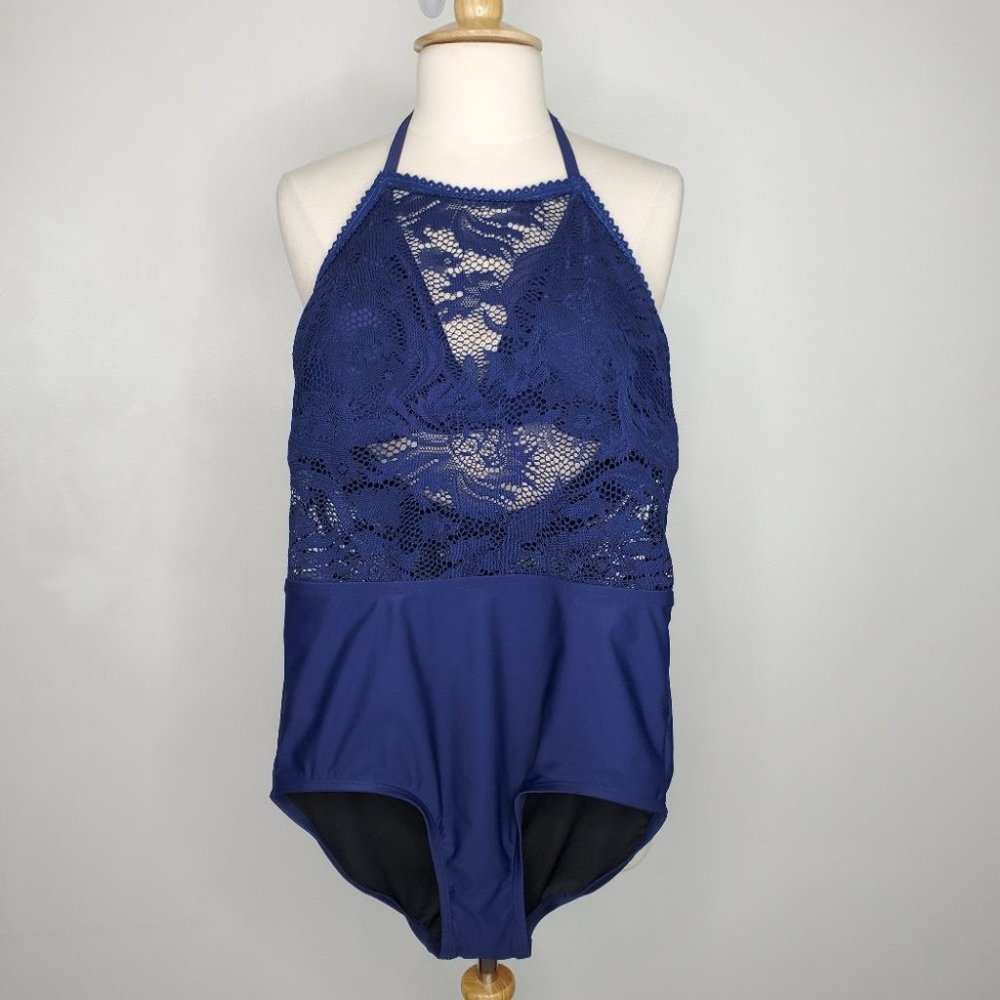 Coastal Blue One Piece Navy Halter Neck Lace Panels Swimsuit NEW NWT Size M